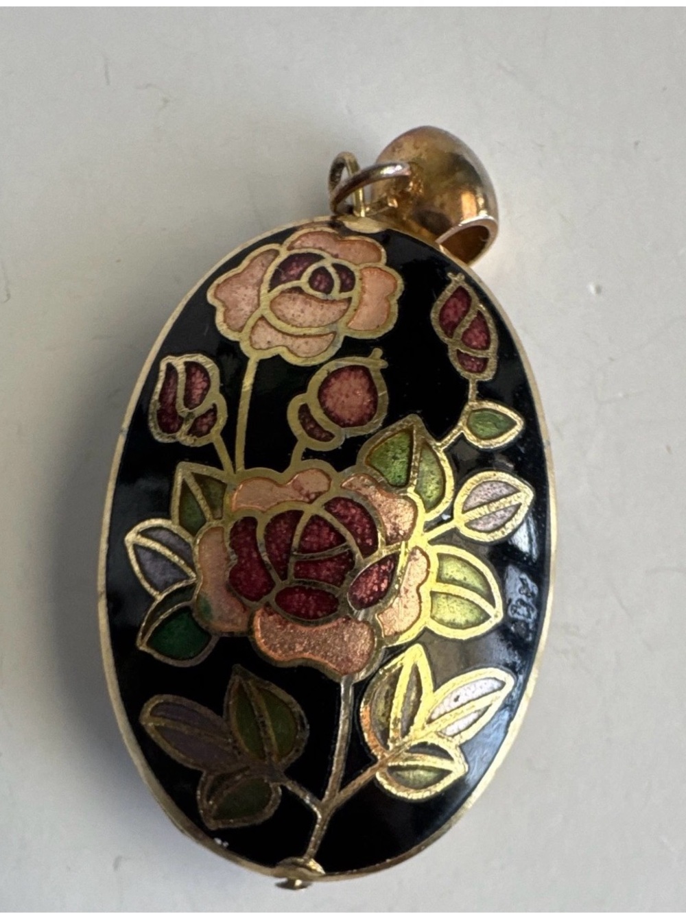 Vintage Cloisonne Enamel Rose Floral Oval Pendant Black Gold Tone Charm